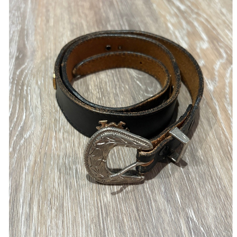 Vintage Western Leather Belt Black Silver Animal Charms Southwestern Boho 32